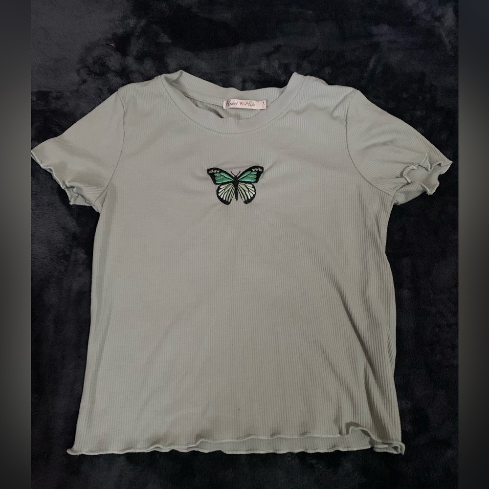 Tee, embroidered Green Butterfly